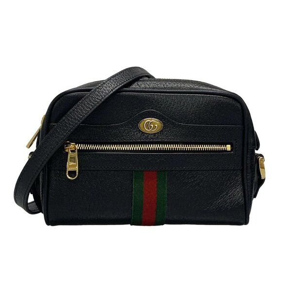 Auth GUCCI Shelly (Web) 719885 Black Green Red Leather Shoulder Bag - Picture 1 of 15